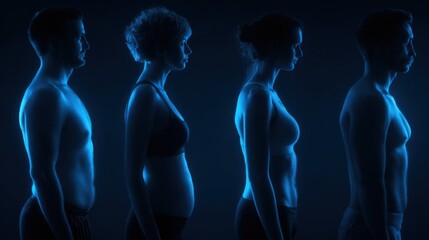 Medium shot with sharp silhouette overlap equal BMI values emphasized alongside divergent waist measurements showcasing complexity in body health metrics.