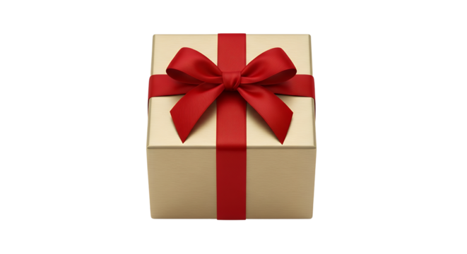 Elegant Gold Gift Box with Red Ribbon on Transparent Background
