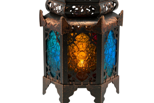 Vintage Metal Lantern with Blue and Amber Glass Panels, isolated on transparent background