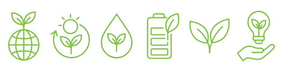 Illustrative green energy icons depicting sustainability and eco friendly concepts