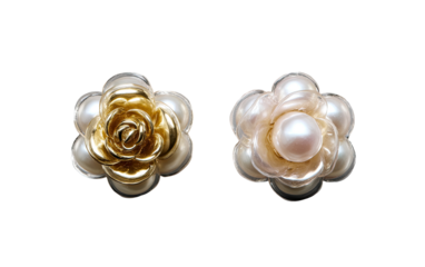 Pair of delicate flower-shaped earrings.  A gold-toned rose is centered on one, while the other features a rose in a light cream/ivory color.  Both are set with small pearls