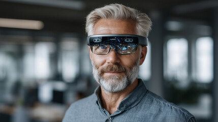 Obraz premium Focused individual wearing smart glasses in a digital learning lab, immersed in virtual modules teaching coding, data science, and AI ethics tech education, career development, AI