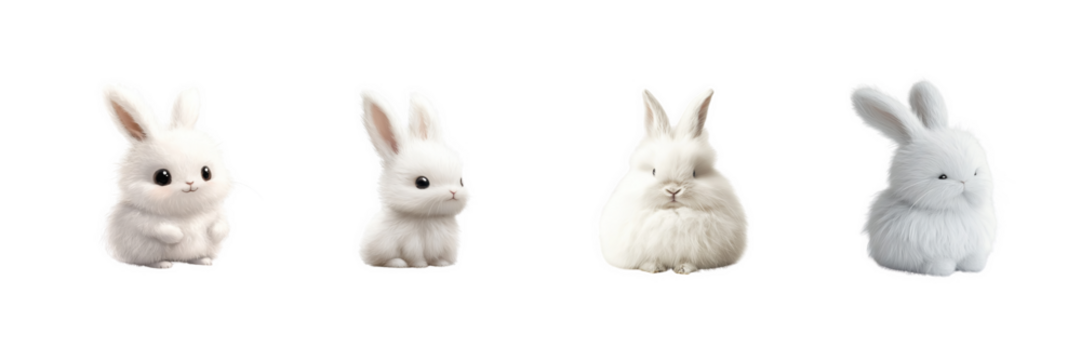 A fluffy white bunny with perked ears and soft fur texture, sitting calmly, isolated against a transparent background
