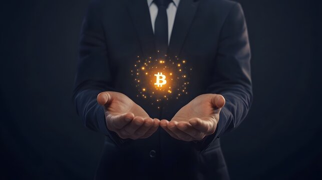 Businessman Holding Bitcoin Symbol in Outstretched Hands Concept
