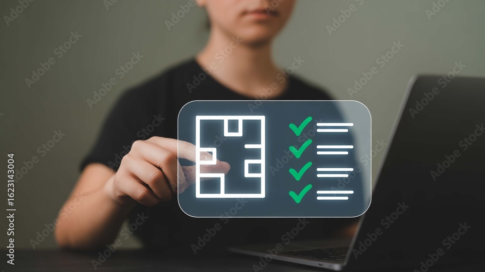 Poster woman's hand interacting with a futuristic digital checklist interface showing completed tasks and p