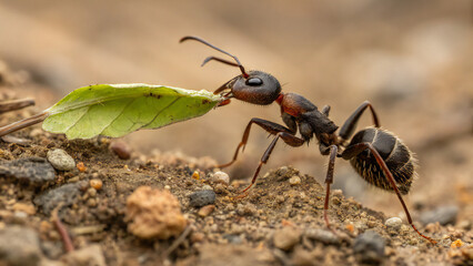 A close up of an ant carrying a green leaf across a dirt and rock surface