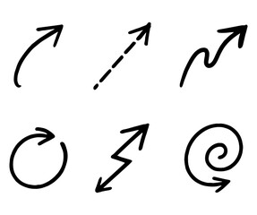 Collection of six hand drawn arrows with different styles pointing directionally