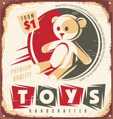 Vintage toy shop poster with teddy bear illustration, $1 price tag, and nostalgic retro advertising style