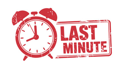 Red vintage alarm clock and last minute stamp symbolizing urgency