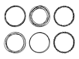 Six hand drawn circular shapes with varying line styles on a white canvas space