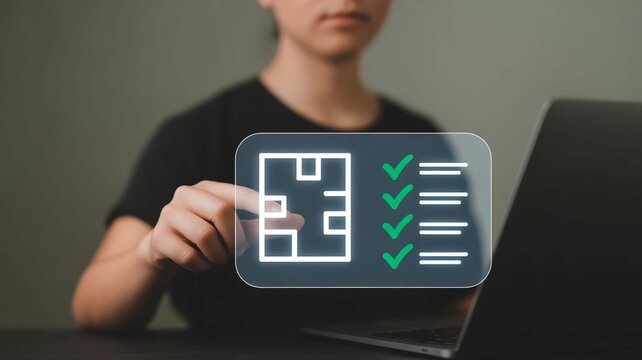 Woman's hand interacting with a futuristic digital checklist interface showing completed tasks and project progress on a laptop screen, symbolizing efficiency and successful planning.