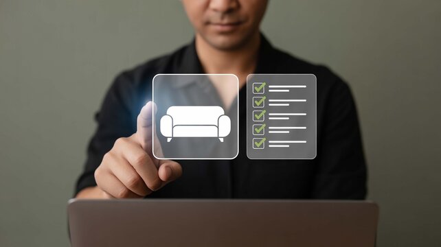 Man's hand interacts with a transparent screen displaying a checklist and a sofa icon, representing decision-making or selection for home furnishings or design projects. - Powered by Adobe