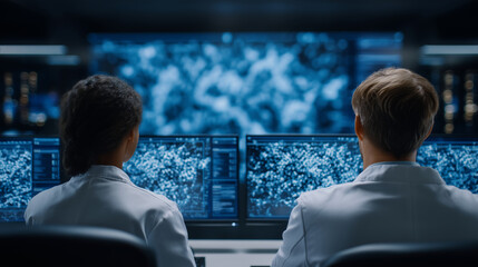 Modern medical startup office with scientists analyzing personalized medicine data, DNA sequences, and health optimization algorithms on digital screens personalized medicine, heal