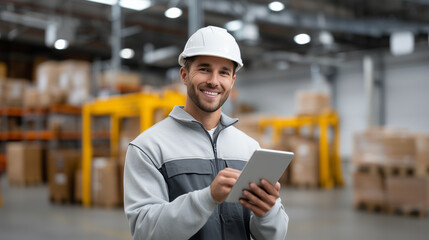 Modern procurement manager reviewing inventory charts on a tablet in a large warehouse filled with pallets, containers, and barcoded goods logistics management, warehouse operation