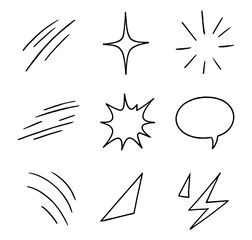 Collection of hand drawn comic style elements including speed lines and shapes