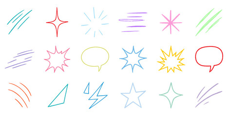 Collection of hand drawn cartoon elements including stars and speech bubbles