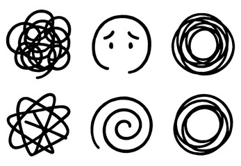 Collection of six hand drawn doodle shapes including a face and spiral forms