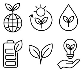 Set of environmental icons featuring globe, battery, lightbulb and water drop