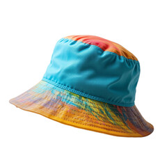 Colorful bucket hat with vibrant design on a white background with copy space