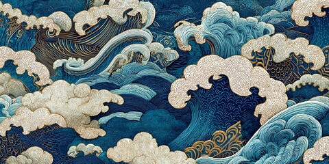 Intricate blue waves with white foam and golden accents create a pattern