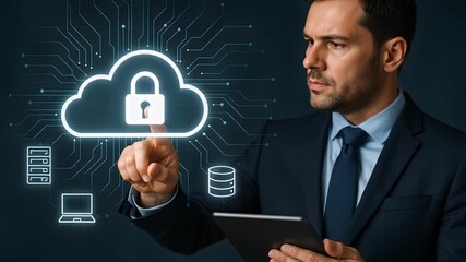 A man in a suit interacting with a cloud computing graphic with a lock, representing data security.  - Powered by Adobe