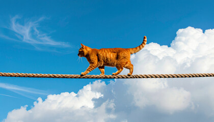 An orange tabby cat walks carefully on a tightrope against a bright blue sky with fluffy clouds.