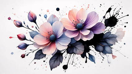Abstract watercolor flowers with ink splatters on a white background floral painting