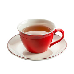 Red teacup and saucer, filled with light brown liquid