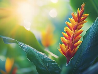 Vibrant orange paradise flower blooming in lush tropical foliage