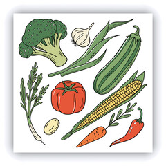 A hand-painted watercolor illustration, isolated on a white background, showcases a collection of vegetables including broccoli, tomato, carrot, pepper, asparagus, garlic, zucchini, corn, and green
