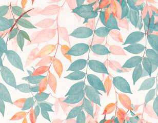 Watercolor Painting of Pink and Teal Leaves Pattern