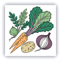 A hand-painted watercolor illustration, isolated on a white background, showcases a collection of vegetables including broccoli, tomato, carrot, pepper, asparagus, garlic, zucchini, corn, and green