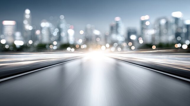 Dynamic light trails rush through a blurred urban street, illuminated by skyscrapers and reflecting a vibrant, modern atmosphere