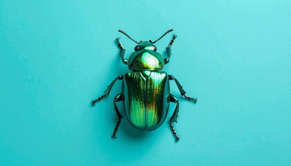 Green Beetle on Cyan Background