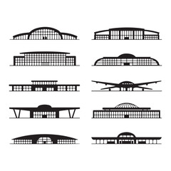 Collection of diverse modern airport terminal building architectural designs in a clean black silhouette style showcasing various iconic structures and an airplane silhouette