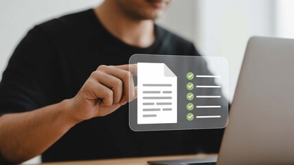 Modern professional managing digital documents and tasks with ease, ensuring compliance and efficiency through technology, seamlessly integrating work and innovative solutions