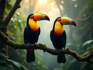 Obraz premium Exotic toucans perched on a mossy branch showcasing their vibrant rainbow colored beaks and plumage in a lush tropical scenery