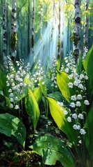 Obraz premium Sunlight streams through birch trees, illuminating lilies of the valley