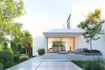 modern minimalist house with large glass windows surrounded by lush green garden under clear sky. contemporary architecture design. residential outdoor space, real estate.