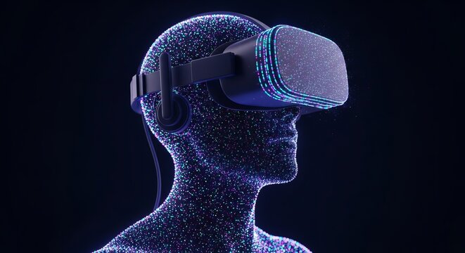 Cyborg Headshot with Neon Colors and Virtual Reality Headset.