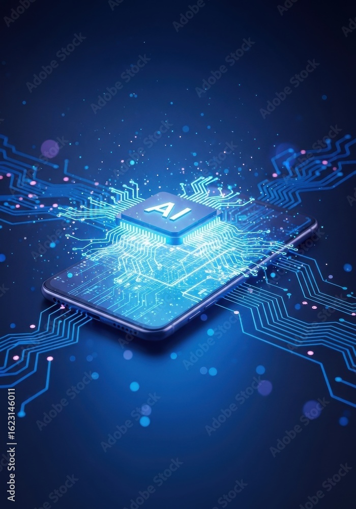 Poster artificial intelligence on smartphone with circuit board glowing digitally