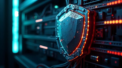 A futuristic, illuminated shield emblem symbolizing cybersecurity protection on a server backdrop.