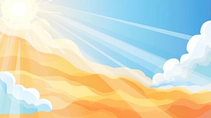 A vibrant sky with sun rays and fluffy clouds over rolling orange hills.