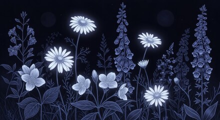 Serene Night Bloom: An ethereal image of diverse flowers bathed in a soft, moonlit glow, painted against the canvas of the dark night. A vision of serenity and delicate beauty.