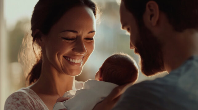 A heartwarming close-up captures a happy family moment: a mother and father, mom and dad, share a joyful smile with their newborn baby son, showcasing the love of a new couple