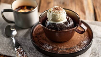 delicious warm chocolate lava cake topped with creamy vanilla ice cream in a rustic mug perfect for dessert lovers and cozy gatherings