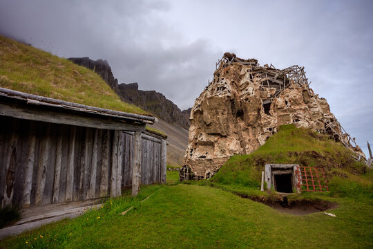Traditional timber house with a grass roof in the Viking Village, Vestrahorn, Stokksnes Peninsula, Iceland