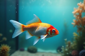 Fototapeta premium Elegant Orange and Red Fish Profile Underwater View ai generated