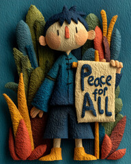 Young boy holding a protest sign for peace among colorful foliage  