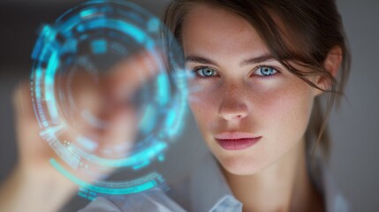 A woman interacts with a futuristic augmented reality display, symbolizing innovation and technological advancement. This image captures the interface technology in a smart environment.